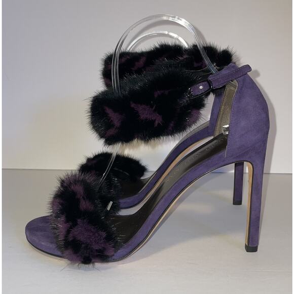 Stuart Weitzman Shoes Womens Size 8.5 Purple Fur Suede High Heel Sandals Strap - Picture 4 of 16